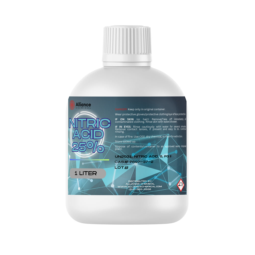1-liter bottle of 25% Nitric Acid in white HDPE container, blue-teal safety label, corrosive warning symbol, protective equipment required.